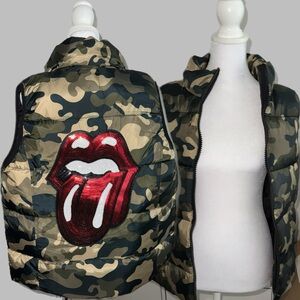 Camouflage Puffer Vest with Red Rolling Stones Mouth